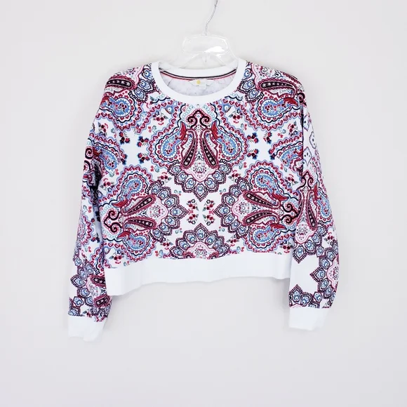 BODEN Sweatshirt Paisley Print Red White Blue Large Pullover Crew Crop Sweater - Picture 3 of 5